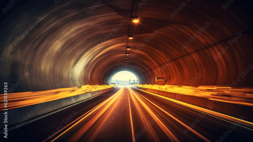 Poster car light trails in a tunnel. concept of speed and motion. generative ai