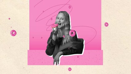 Stop motion, animation. Portrait of young charming girl in image of Mona Lisa eating donut over light background. Concept of comparison of eras, creativity, food, retro style. Contemporary art