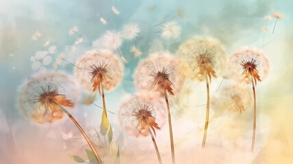 Obraz na płótnie Canvas watercolor dandelions art light tones background wallpaper freedom of flight. Generative AI