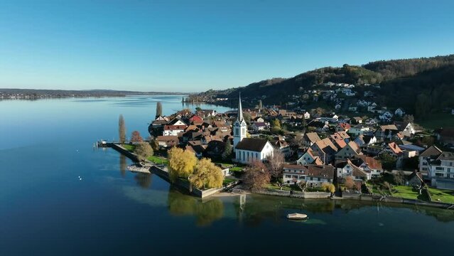 Aerial view of the municipality of Berlingen in the canton of Thurgau, Lake Constance, Switzerland, Europe