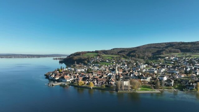 Aerial view of the municipality of Steckborn in the canton of Thurgau, on the left on the horizon the island of Reichenau, Lake Constance, Switzerland, Europe