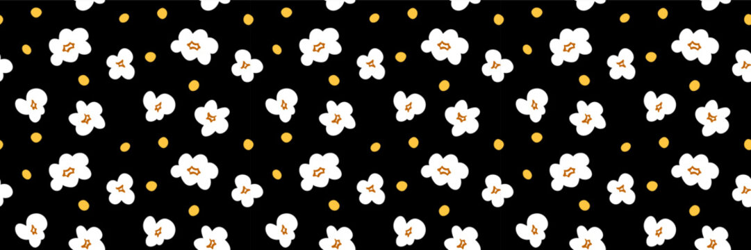POPCORN PATTERN. Popcorn seamless pattern with pop corn snack icons. Vector illustration popcorn pattern on black background. Graphic design for pop corn pack. Fast food packaging design for bucket