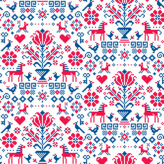 Retro ross stitch vector seamless folk art single pattern with flowers, birds and dogs - pixelated ornament inspired German folk art
- 621839872