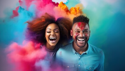 Happy couple smiling in a cloud of colorful smoke on a white background, having fun, colors, LGBTQ+,  color explosion, holi, fluid, multi-ethnic, peace, inclusive, beauty, freedom. Generative AI. - obrazy, fototapety, plakaty