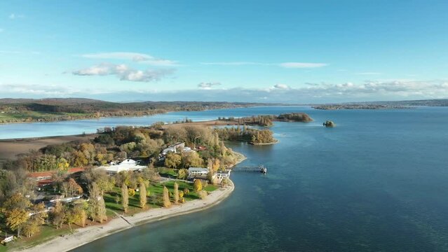 Aerial view of the Mettnau peninsula, Reichenau Island on the horizon to the right, Radolfzell on Lake Constance, Konstanz district, Baden-Wuerttemberg, Germany, Europe
