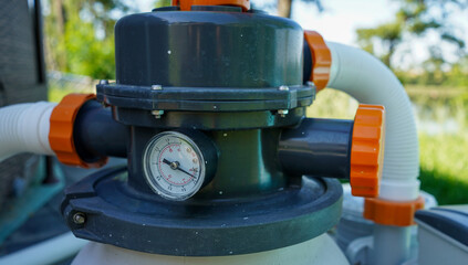 Waterpool pump for clearing water. Pool pump with perssure measurement.