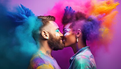 Happy couple kissing in a cloud of colorful smoke on a white background, having fun, colors, LGBTQ+, color explosion, holi, fluid, multi-ethnic, peace, inclusive, beauty, freedom. Generative AI.