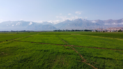 Fototapeta premium View of the mountains and the clearing in Kyrgyzstan, Kochkor, view from the top, aerial