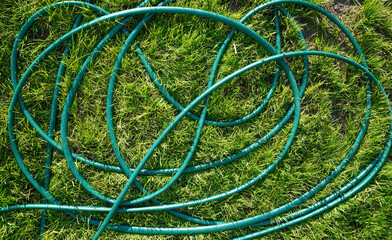 Garden hose on the grass. Garden theme. Garden grass with hose background. Garden pattern.