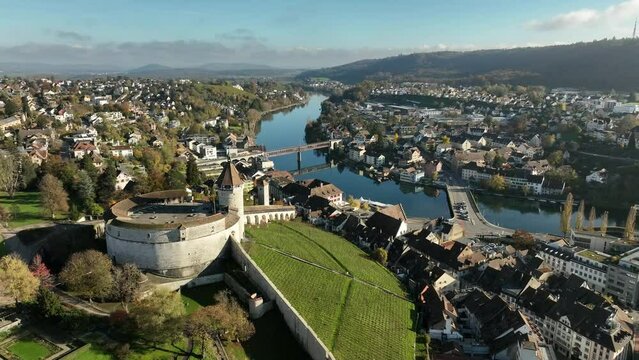 Aerial view of the Munot fortress in the old town of Schaffhausen, right of the Rhine, Canton Schaffhausen, Switzerland, Europe