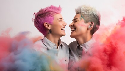 Happy couple smiling in a cloud of colorful smoke on a white background, color explosion, holi, having fun, colors, LGBTQ+, fluid, multi-ethnic, peace, inclusive, beauty, freedom. Generative AI.