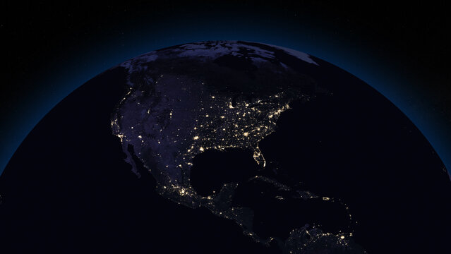 Planet Earth focused on North America by night. Illuminated cities on dark side of the Earth. Elements of this image furnished by NASA