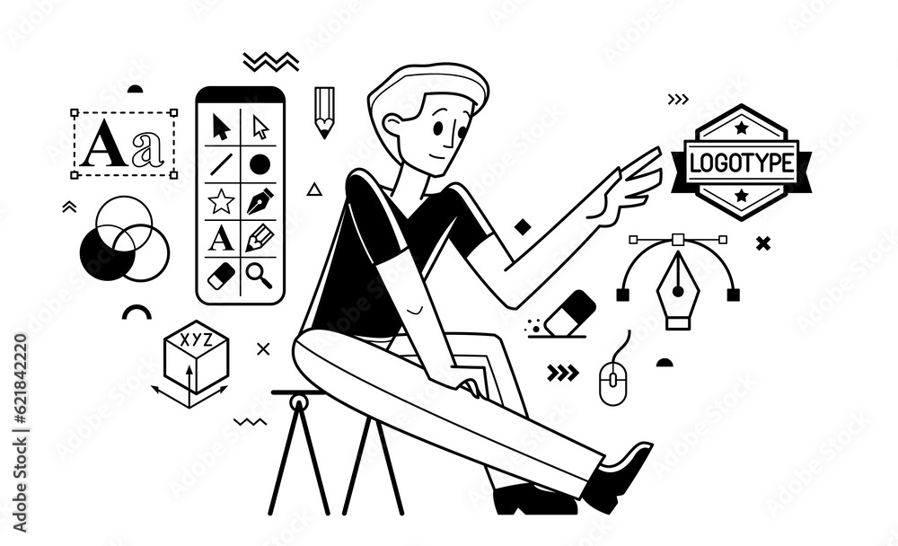 Poster graphic designer doing some creative job using computer software, digital visual artist working on a