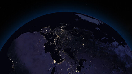 Fototapeta na wymiar Planet Earth focused on Europe by night. Illuminated cities on dark side of the Earth. Elements of this image furnished by NASA