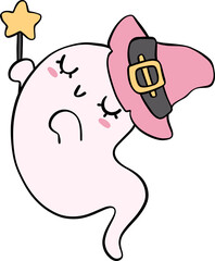 Cute Pink Halloween ghost with Pumpkin Cartoon Character doodle outline.