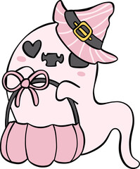 Cute Pink Halloween ghost with Pumpkin Cartoon Character doodle outline.