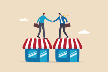 B2B, business to business sale agreement, enterprise commerce, contractor or supplier trade between company concept, businessman owner handshake on enterprise shop for B2B agreement. - obrazy, fototapety, plakaty
