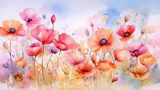 multicolored watercolor gradient rainbow flowers on a white background peonies poppies summer painting. generative ai