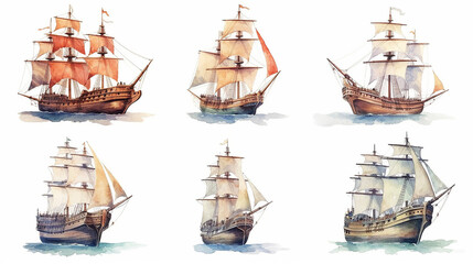 collection sailboat watercolor drawing on a white background isolated, generative AI