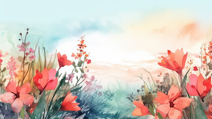 abstract summer watercolor background flowers landscape vacation. generative Ai