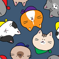 Seamless Pattern with Cute Cartoon Cat Face Design on Dark Blue Background