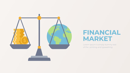 Global financial market vector. World money balance. Scales with money and a globe illustration. 