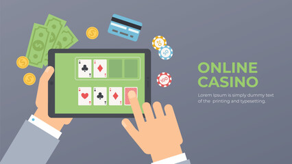 Online casino vector. Play gambling on internet illustration. Hands with a tablet, money, game chips and credit card in the background.
