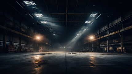 Evoking an Ambiance of Empty Warehouse with Dramatic Lighting. Generative Ai