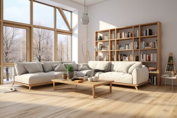 Loft interior design of modern living room open space. Wooden paneling and concrete walls. Created with generative AI