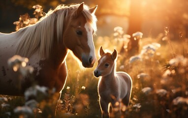 Obraz na płótnie Canvas A baby horse standing next to an old horse. AI