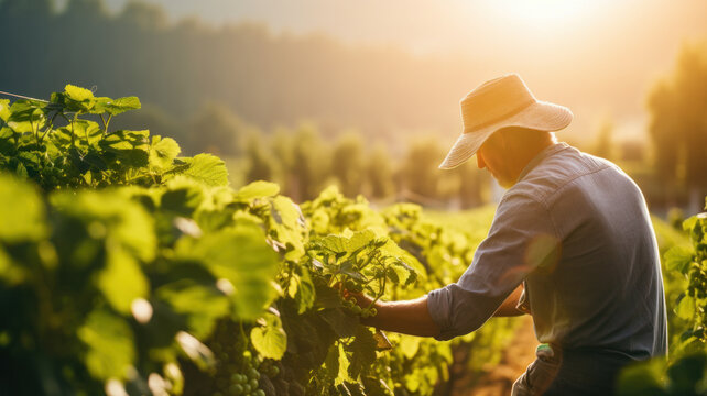 farmer harvesting in vineyard field. agriculture and farming