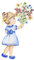 Watercolor little girl with flowers. Cute kids illustration. Baby Girl in blue dress. Big wildflowers bouquet. Schoolgirl clipart