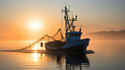 fishing ship with net on sea at sunset - obrazy, fototapety, plakaty