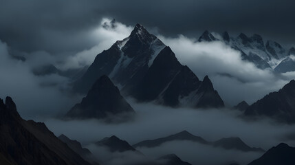 そびえ立つ山々、霧、雲｜Towering mountains, fog and clouds, Generative AI 