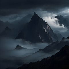 そびえ立つ山々、霧、雲｜Towering mountains, fog and clouds, Generative AI 