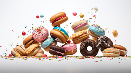Playful Arrangement of Floating Donuts, Cookies, Cupcakes, and Macaroons. Generative Ai