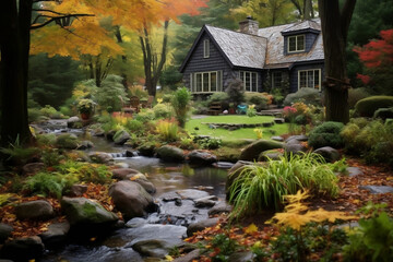 Fototapeta na wymiar Serenade of Nature: Embrace Peace and Comfort in a Cozy Cottage by a Babbling Brook -Generative AI