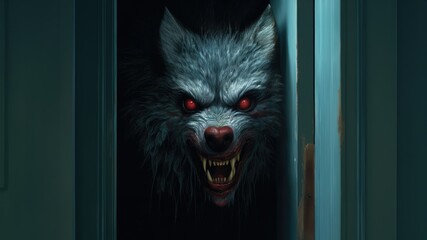 Scary evil vampiric dire werewolf with terrifying growling mouth filled with unholy sharp teeth inside old dark wooden cabin home hiding and awaiting its next victim to attack - generative AI  - obrazy, fototapety, plakaty