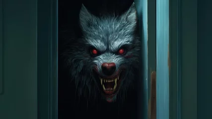 Fotobehang Scary evil vampiric dire werewolf with terrifying growling mouth filled with unholy sharp teeth inside old dark wooden cabin home hiding and awaiting its next victim to attack - generative AI  © SoulMyst