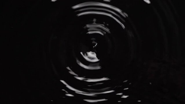 Top view slow motion seamless loop of water wave when droplet dropping on a surface of a liquid isolated on black background, raindrop falling down to the ground in the night