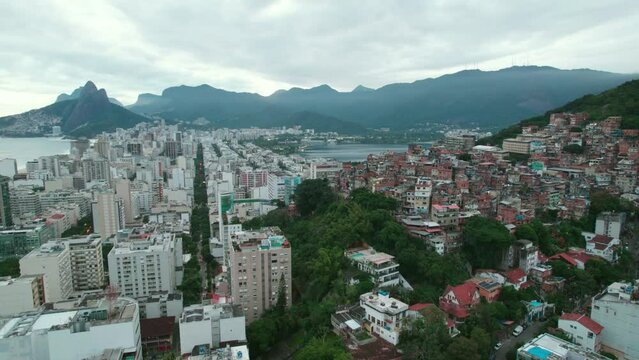Aerial orbit in a favela in Copacabana contrast of architecture and Brazilian classism, Rio de Janerio Brazil