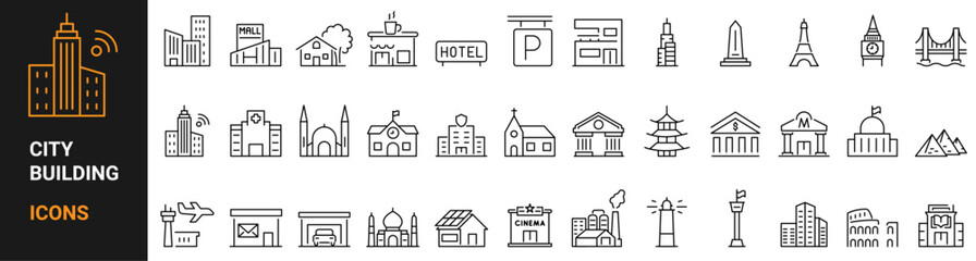 City Building web icons in line style. Airport, Office, Hotel, Hospital, Insurance, town house, mall, coffee. Vector illustration.