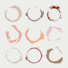 Coffee cup circle colored vector stains set. Round ring grunge stain. Collection of wet cup mark and splatter. Pastel ink circle stains. Bottle glass or water drink marks. Vector high detail strokes.