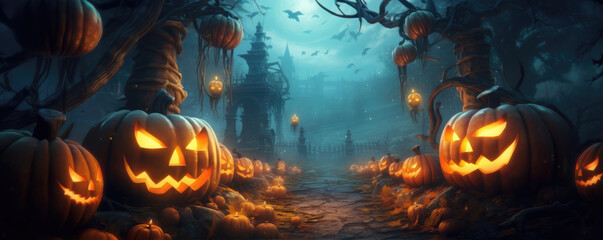 Jack O’ Lanterns At Moonlight - Halloween concept, generative ai