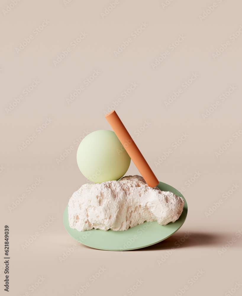 Poster creative art background with geometric abstract elements in balance. 3d rendering beige stone pedest