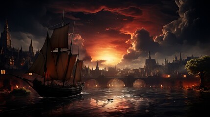 Obraz premium Drawing of an old sailboat on the background of the city Generative AI