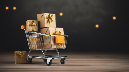 a shopping cart and cardboard boxes with an orange color on the black background. Generative Ai