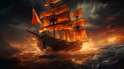 Obraz premium Drawing of an old sailboat on the waves Generative AI