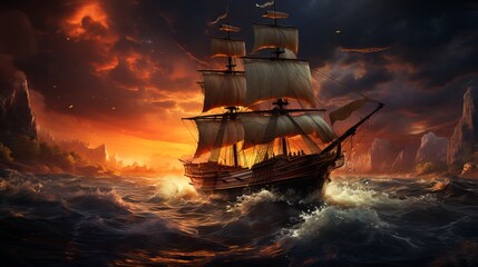 Obraz premium Drawing of an old sailboat on the waves Generative AI