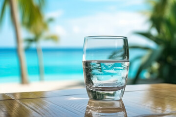 A glass of ice water on a table with a beach background